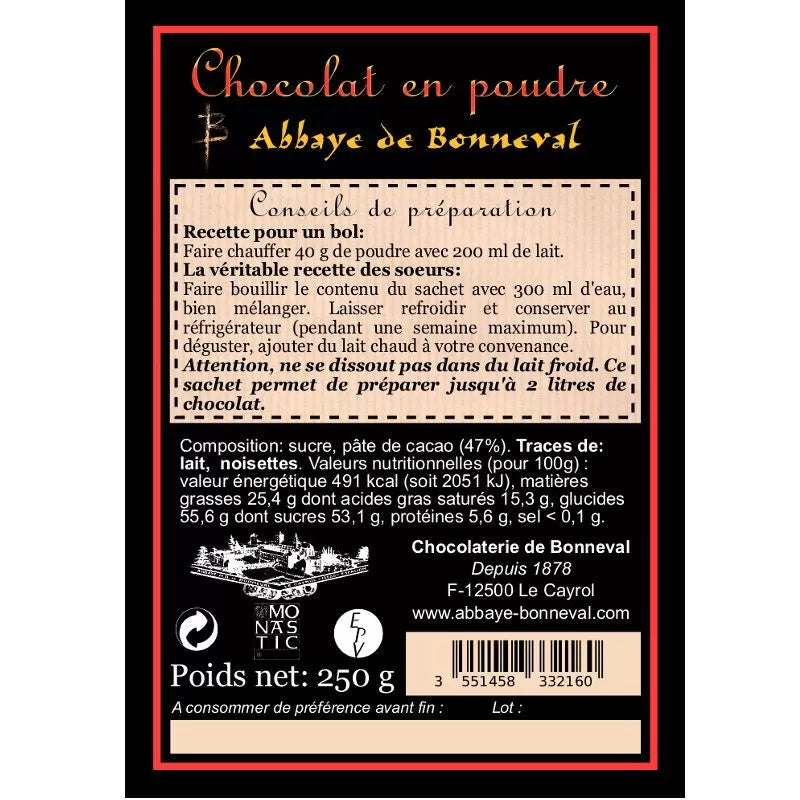 Chocolat en Poudre 250g - Aveyron ND de Bonneval (Produits Monastiques)