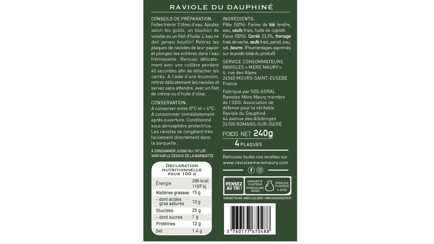 Ravioles du Dauphiné Label Rouge IGP par La Mère Maury - Pack de 4 plaques (2pers.)